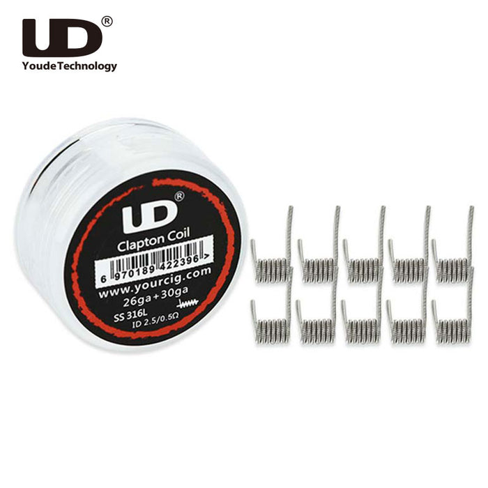 100% Original 10pcs UD SS316L Clapton Coil (26GA +30GA, ID2.5x0.5ohm) UD DIY coil 0.5ohm for e-cig RDA RTA RDTA Tank Atomizer